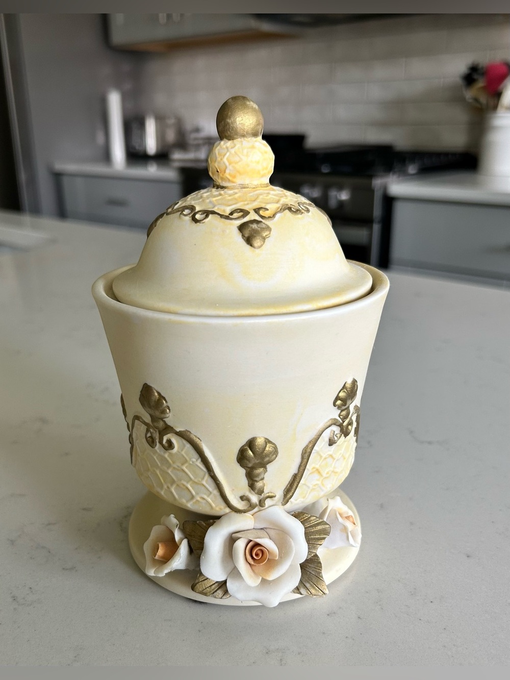 Yellow Porcelain Bisque Vintage Capodimonte Lidded Jar with Gold Trim